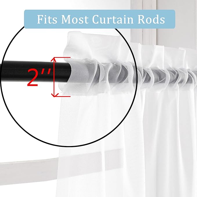 OWENIE Sheer Curtain, 120 Inches Long, White, Rod Pocket, Polyester, 2 Panels, for Living Room and Bedroom