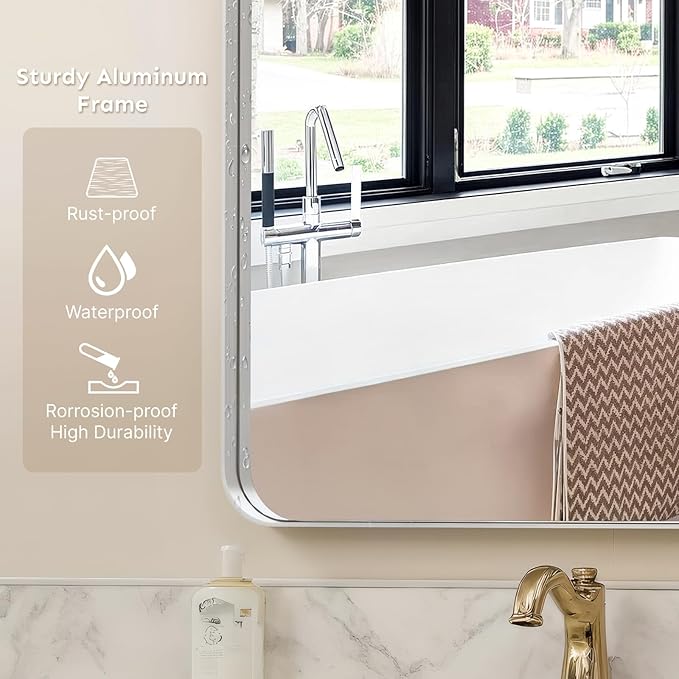 32x24"Bathroom Vanity Mirror for Wall, Aluminum Framed, Farmhouse Rectangle, Anti-Rust, HD Reflection Anti-Desilvering, Distortion Free, Tempered and Shatter-Proof Wall Mounted Mirror, Silver