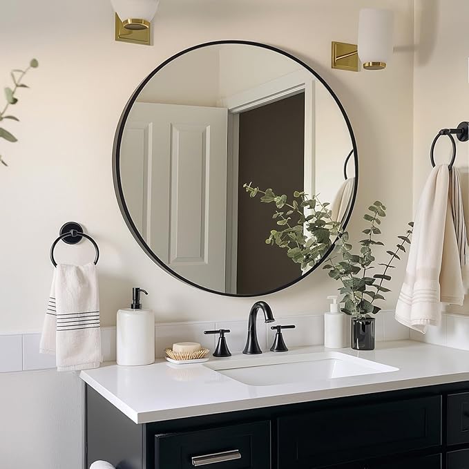 Black Round Mirror, Round Mirror 24 inch, Black Circle Mirrors Metal Frame, Wall Mounted Mirrors for Living Room, Bathroom, Wall, Entryway, Rustic.