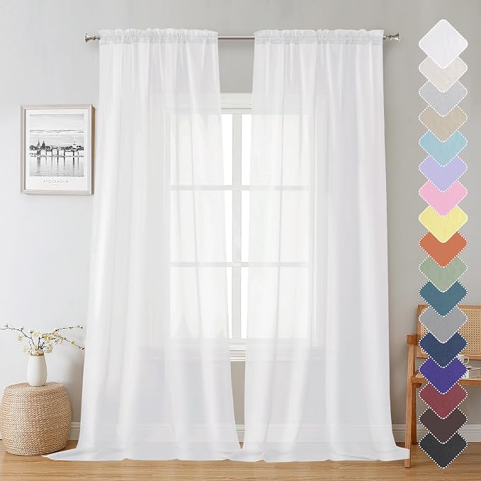 White Sheer Curtains 90 Inches Long 2 Panels, Farmhouse Voile Window Drapes Rod by Lecloud