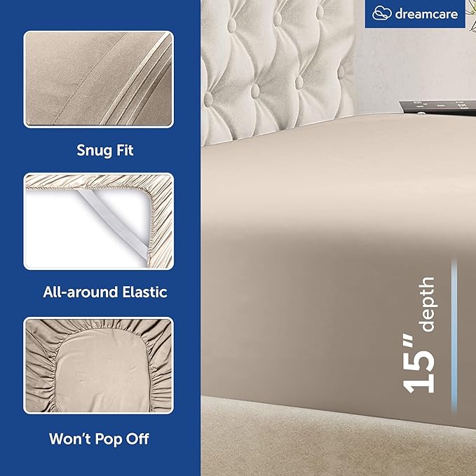 DREAMCARE Queen Sheet Set – 6 pcs Cooling Bed Sheets – up to 15” Deep Sheets Queen Size Bed Set – 2500 Supreme Collection – Extra Soft 100% Brushed Microfiber Hotel Luxury with Side Pocket – Beige