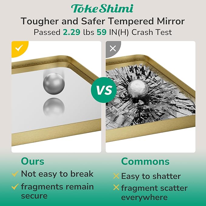 TokeShimi Brushed Gold Vanity Mirror 60x36,Bathroom Mirror Framed Aluminum,Tempered Glass,Rectangle Mirror for Bathroom,Shatterproof Bathroom Wall Mirror(Horizontal/Vertical)