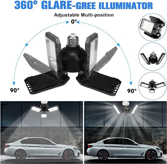LED Garage Lights Bulb 4 Pack -80W, 8000LM 6500K Led Shop Light with 3 Deformable Panels, Basement Barn Light Garage Ceiling Lights, E26/E27 for Garage, Warehouse, Shop, Basement