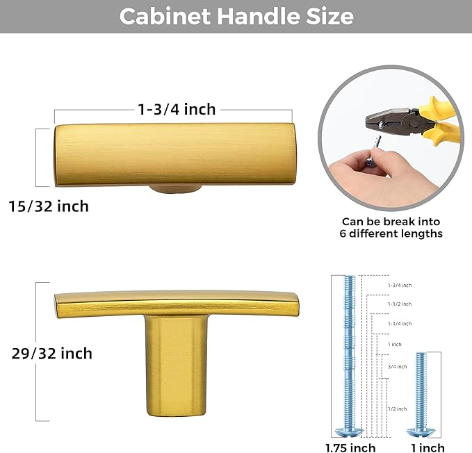 15 Pack Gold Cabinet Knobs - Curved Cabinet Pulls Brushed Brass Knobs for Kitchen Cabinet Drawer Solid Dresser Knobs for Cabinet Hardware 1-3/4in Length Single Hole