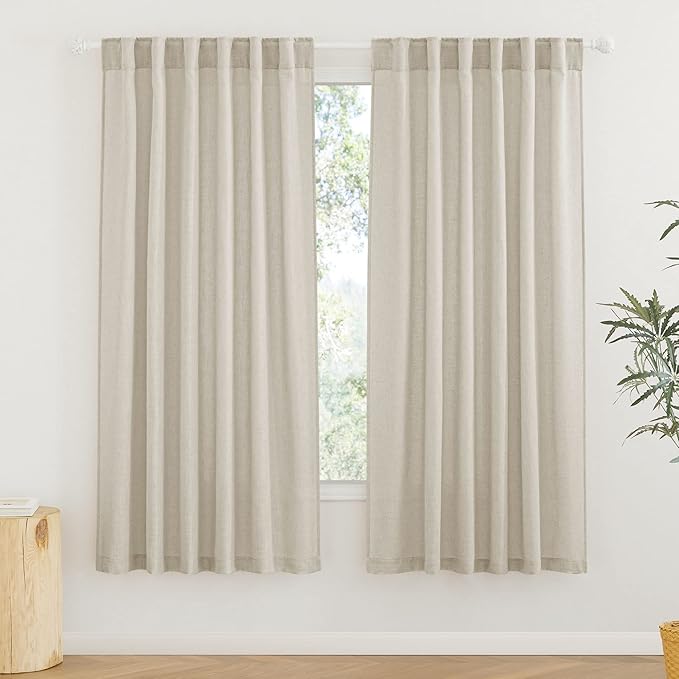 RYB HOME Sheer Curtains 63 inches - Solid Linen Texture Window Shades, Back Tab Hanging Light Airy Privacy Sheer for Bedroom Living Room Cafe, Angora, W 52 x L 63 Long, 1 Pair