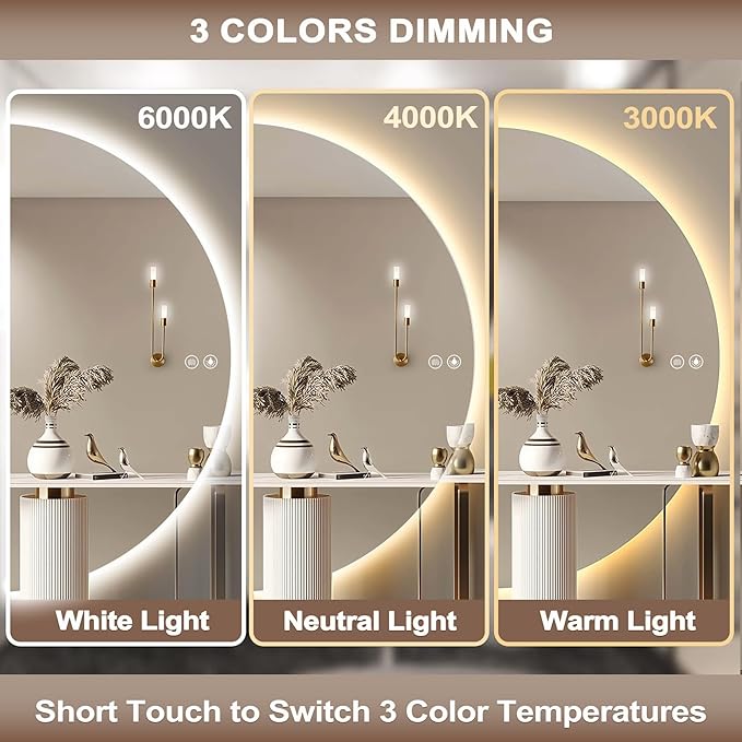 YUDACHU 36"x18" Smart LED Mirror for Bathroom, Half Moon Mirror, Anti-Fog & Stepless Dimming, 3-Color Backlit Vanity Mirror with Lights, Wall Mounted for Small Space