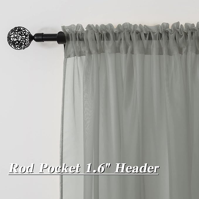 HUTO 2 Pieces Sage Grey Sheer Window Curtains Panels for Bedroom Rod Pocket Window Sheer Curtains Drapes 52 by 72 Inches Long for Living Room