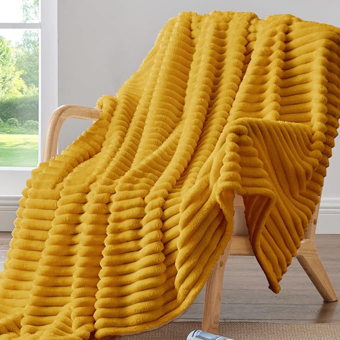 BEDELITE Striped Fleece Throw Blanket, Mustard Yellow, Soft Cozy, Lightweight - Image 2