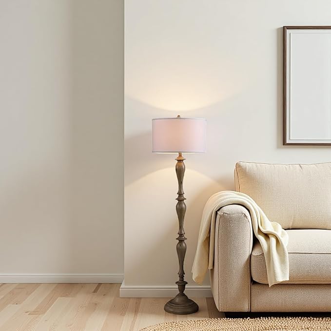 Design Floor Lamp Reading Light with Linen Shade, 61.5" Resin Farmhouse Floor Lamp, Vintage Standing Lamp for Living Room Bedroom Office (Brown 1 Pack)