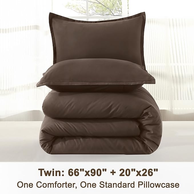 Litanika Comforters Twin/Twin XL Size Chocolate, 2 Pieces Lightweight Solid Bedding Set & Collections, All Season Fluffy Bed Set (66x90 Inches Comforter & 1 Pillowcase)