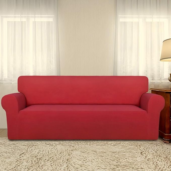 PureFit Stretch Oversized Couch Covers Fleece Sofa Slipcovers Red | 1-Piece - Image 2
