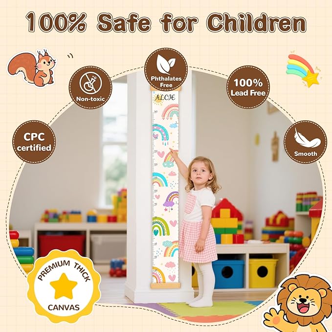 Personalized Name Kids Height Wall Chart,Animals Canvas Height Chart for Kids, Growth Chart for Wall Baby Room Nursery,Toddler Height Wall Chart Hanging Rulers for Children Bedroom Playroom Wall Decor
