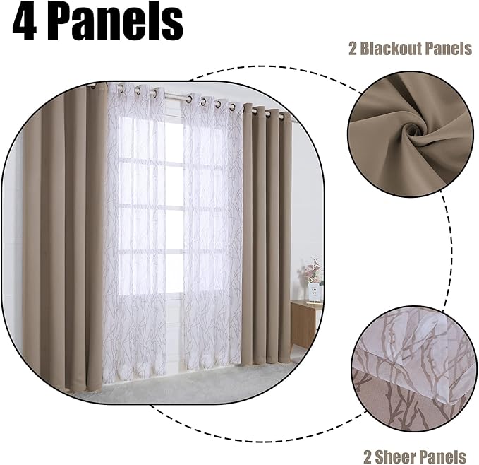 BONZER Mix and Match Curtains - 2 Pieces Branch Print Sheer Curtains and 2 Pieces Blackout Curtains for Bedroom Living Room Grommet Window Drapes, 54x84 Inch/Panel, Taupe, Set of 4 Panels
