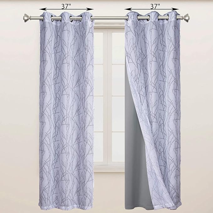 BONZER Mix and Match Curtains - 2 Pieces Branch Print Sheer Curtains and 2 Pieces Blackout Curtains for Bedroom Living Room Grommet Window Drapes, 37x63 Inch/Panel, Light Grey, Set of 4 Panels