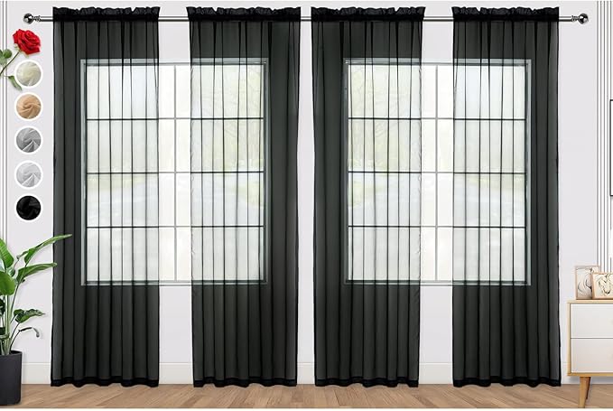 SpaceDresser Black Sheer Curtains 4 Panels Rod Pocket Semi-Sheer Curtain 45 by SpaceDresser