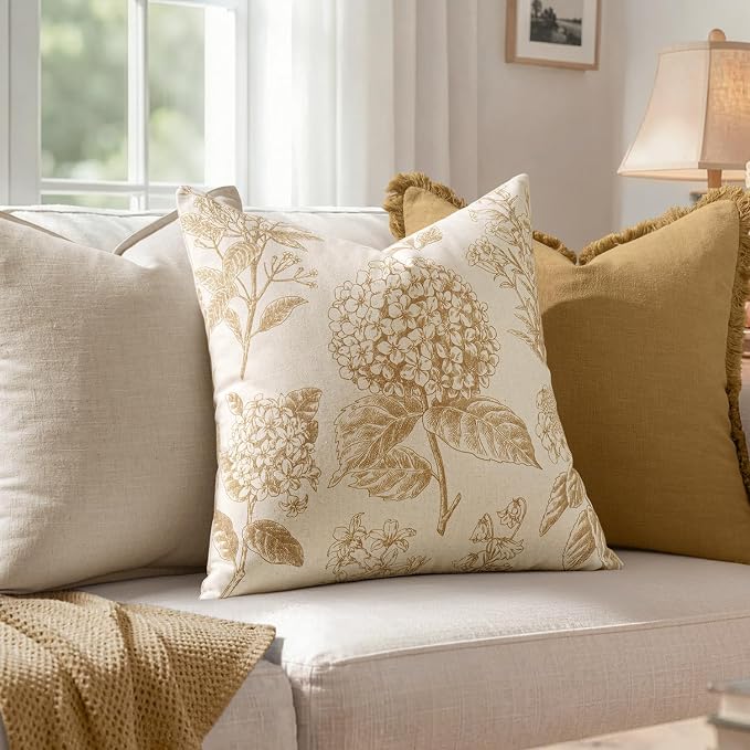 Set of 2 Decorative Floral Pillow Covers 18x18 Inch Light Yellow | Neutral - Image 3