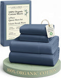 LANE LINEN 100% Organic Cotton Queen Sheets Set, Fully Elasticized Machine Washable Mercerized Cotton Soft & Comfy Low Pill Fade Resistant Sheets Queen Size Set, Classic Percale Weave- Estate Blue