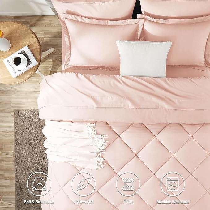 CozyLux Queen Comforter Set Blush Pink - Bed in a Bag Queen Size 7 Pieces, Luxury Soft Bed Set for All Seasons, Bedding Set with Down Alternative Comforter, Sheets, Pillowcases & Shams