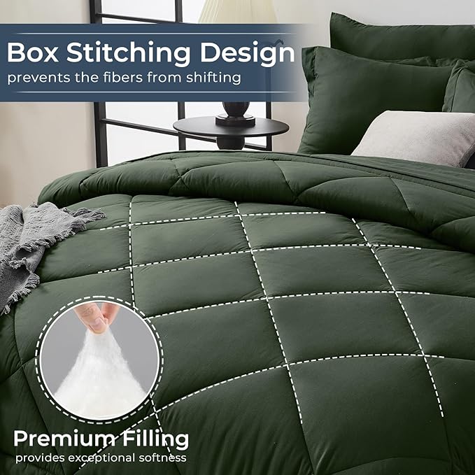 HEVUMYI Army Green Twin-XL Comforter Set - 5-Piece All Season Bed in a Bag Twin-XL, Ultra Soft Bedding Set with Comforter, Flat Sheet, Fitted Sheet, Pillowcases, Pillow Shams