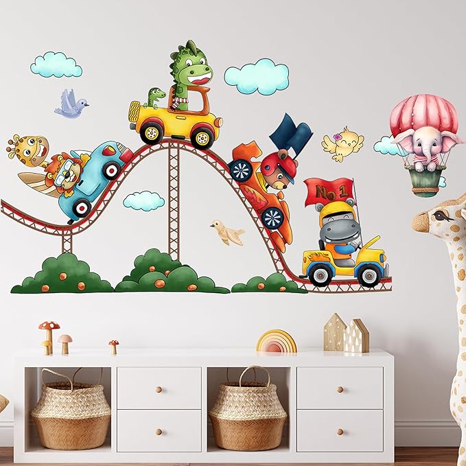 Amusement Park Animal Wall Stickers Car Wall Decals Kid Room Nursery Baby Bedroom Décor (Roller Coaster Animals)