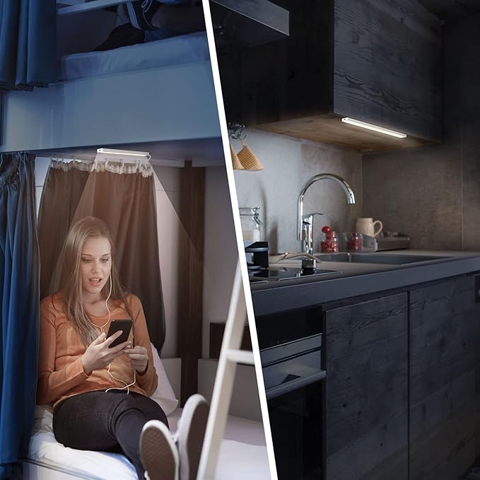 USB Powered Under Cabinet Lighting, 12" Tool-Free Mount Dimmable LED Strip for Pantry & Workspace