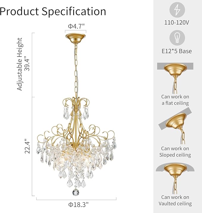 WUZUPS Crystal Chandelier 5-Light Pendant Ceiling Light Modern Lighting Fixture for Dining Room Hallway Bedroom Kitchen Bathroom, H 22.4" x W 18.3", E12 Base, Gold