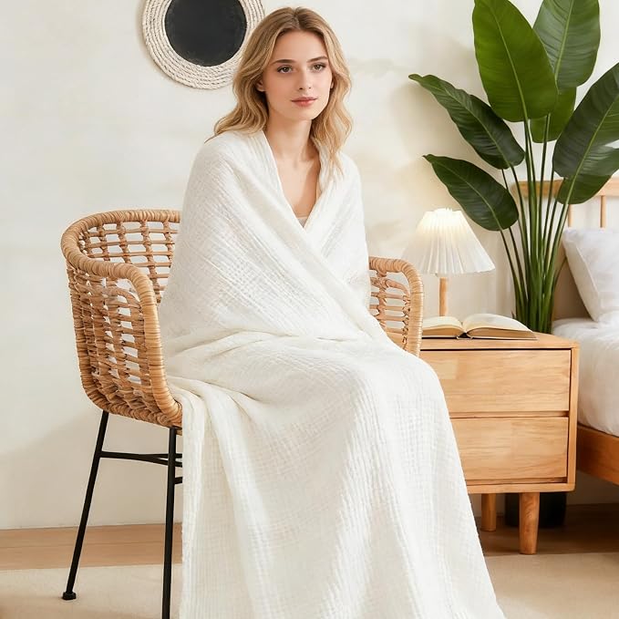 EMME Cotton Muslin King Blanket 4 Layer，Oversized Gauze Bedspread Coverlet - Image 4