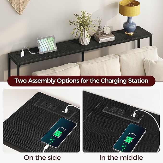 78.7" Console Table with Power Outlet, 11.8" Wide Narrow Sofa Table, Industrial Entryway Table with USB Ports, Behind Couch for Entryway, Hallway, Foyer, Living Room, Black CTBK320E01