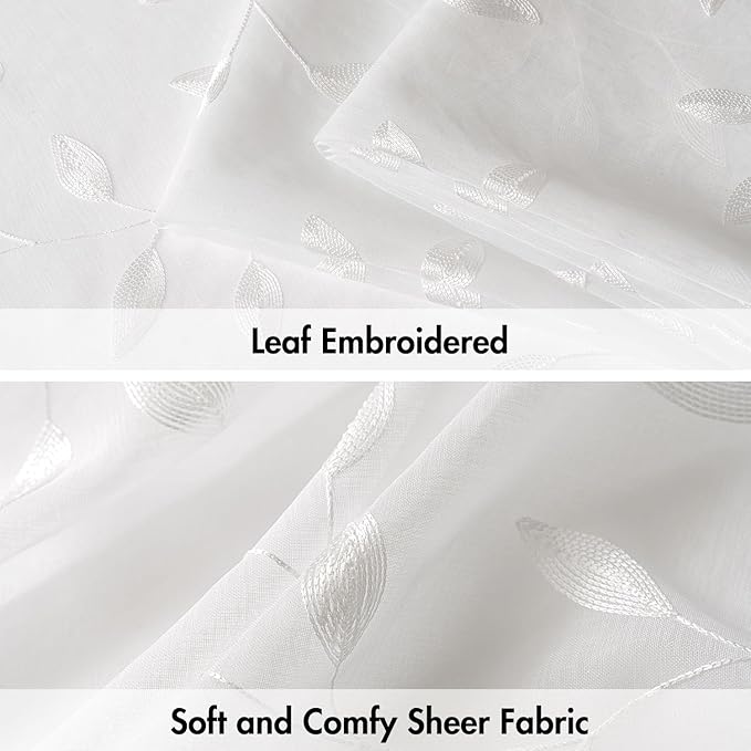 MIULEE White Sheer Curtains 2 Panels Embroidered Leaf Patterned, W52 x L54 | - Image 4