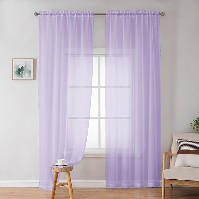 Lavender Sheer Curtains 72 Inches Long Set of 2, Airy Sheer Curtains & Drapes - Image 3