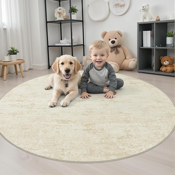 Round Area Rug Living Room: 4 ft Modern Washable Carpet Taupe | - Image 3
