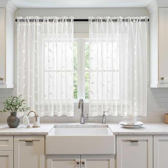 MIULEE Ivory Sheer Curtains 2 Panels Embroidered Leaf Patterned, W52 x L54 | - Image 2