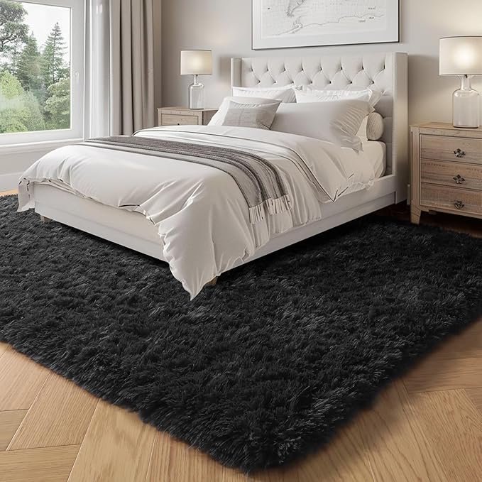 Black Fluffy Area Rugs for Bedroom 5x7, Soft Shaggy Washable Farmhouse Rugs | - Image 3