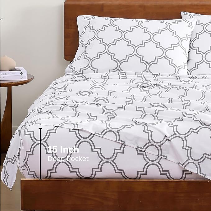 LANE LINEN 100% Organic Cotton Printed California King Sheets Set, 4-Piece Soft & Comfy Sustainably Produced Oeko-Tex Certified All Season Naturally Cooling Cal King Sheets - Trellis Silver