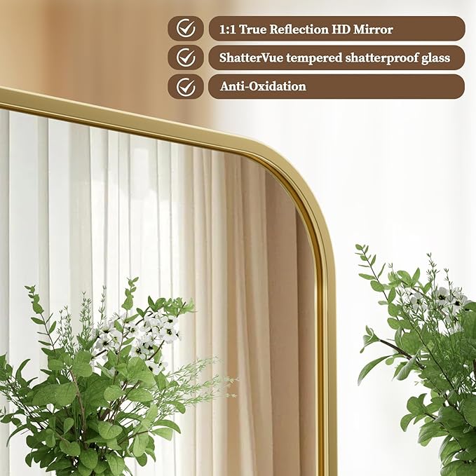 BEAUTYPEAK Gold Rectangular Bathroom Mirror - 30" x 48" Wall Mounted Aluminum Alloy Frame Mirror with Rounded Corners for Bedroom Living Room, Horizontal or Vertical