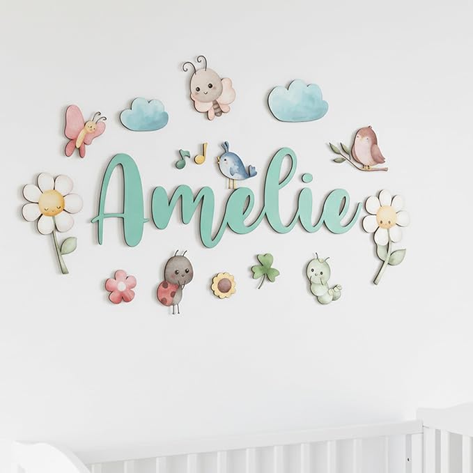 Custom Nursery Name Sign with Themed Decor Kit | Personalized Wooden Wall Art for Baby, Kids Room | Space, Jungle, Circus, Under the Sea, Woodland, Rainbow (30", Fairy Garden)