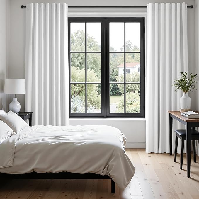 90 inch long 100% Blackout linen curtains 2 Panels set Beige White Window Drapes - Image 5