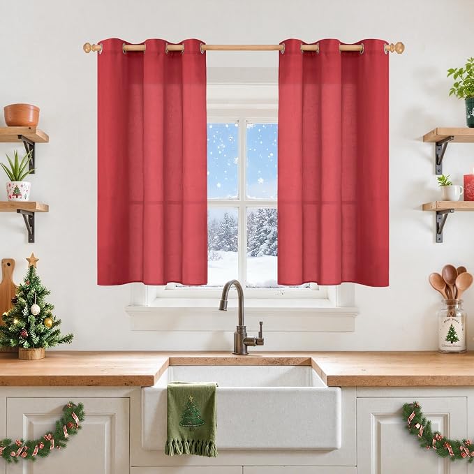 YoungsTex Red Linen Kitchen Curtains 40 Inch Length, Short Light Filtering by YoungsTex