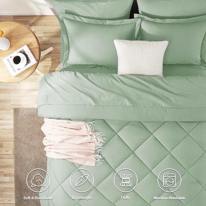 CozyLux Queen Comforter Set Sage Green - Bed in a Bag Queen Size 7 Pieces, Luxury Soft Bed Set for All Seasons, Bedding Set with Down Alternative Comforter, Sheets, Pillowcases & Shams
