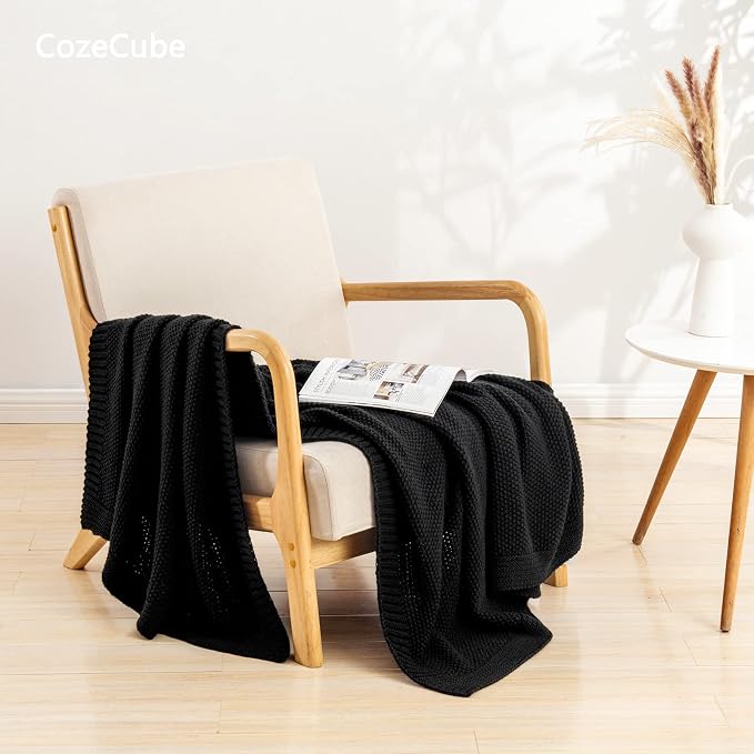 CozeCube Jet Black Seed Stitch Throw Blanket 50"x60", Farmhouse Decor | Blanket - Image 2