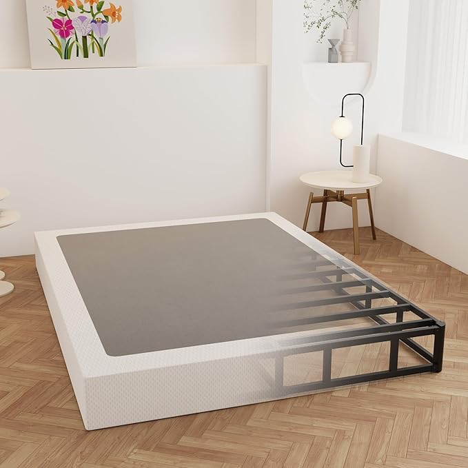 King Box Spring 9 Inch, Heavy Duty Metal Box Spring Bed Base with Fabric Cover, Mattress Foundation, Easy Assembly, Noise Free, Black