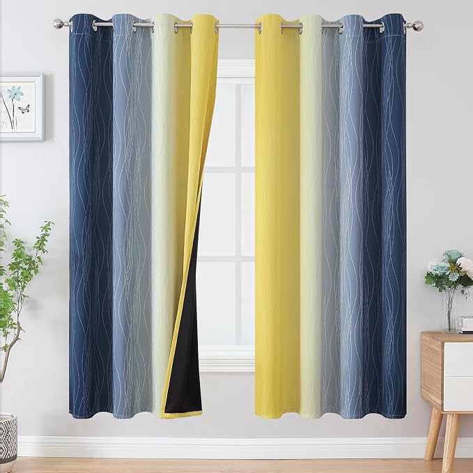 Navy Blue and Yellow Ombre Blackout Curtains by ESTELARTEXTILER