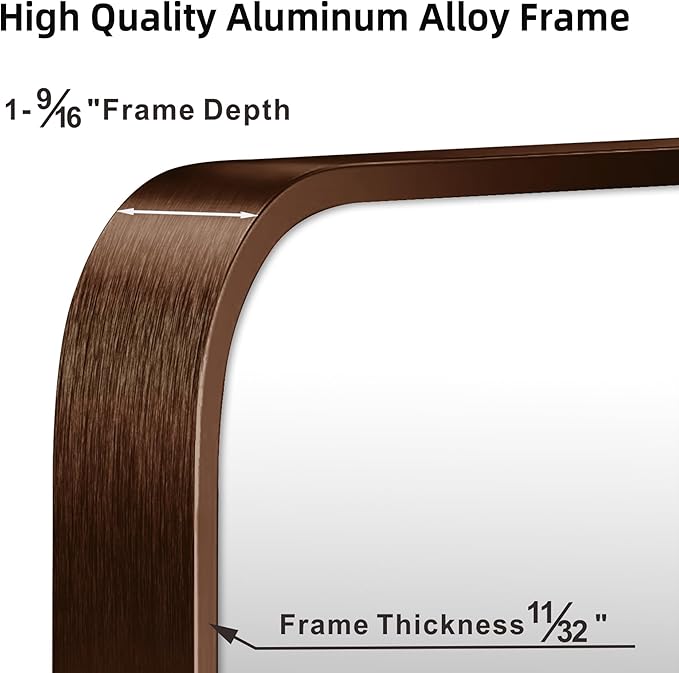 24"x36" Brushed Bronze Metal Framed Rounded Rectangle Mirror, Brown Wall Mounted Mirrors for Bathroom Entryway Vanity Living Room Bedroom, Vertical or Horizontal