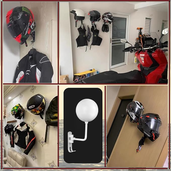 SNAGMO White 180° Motorcycle Helmet Rack, Rotation Metal Helmet Holder Wall Mounted Helmet Rack Motorcycle with 2 Hooks Helmet Hanger for Motorcycle Bike Coats, Caps, Baseballs, Rugby Helmet