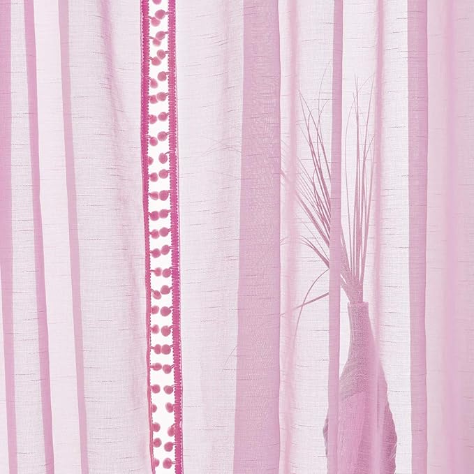 Treatmentex Pom-Pom Sheer Curtains for Girl's Room Linen Textured Pink Sheer Window Drapes for Bedroom 52" w x 63" L, 2Panels, Red, Rod Pocket