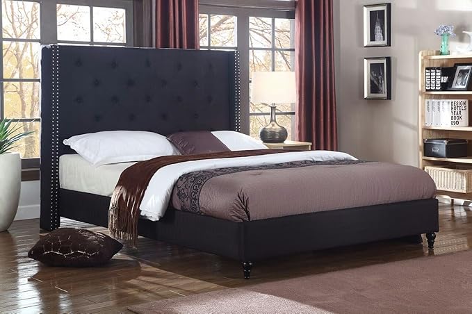 HomeLife Premiere Classics Cloth Black Linen 51" Tall Headboard Platform Bed with Slats Queen - Complete Bed 5 Year Warranty Included 007