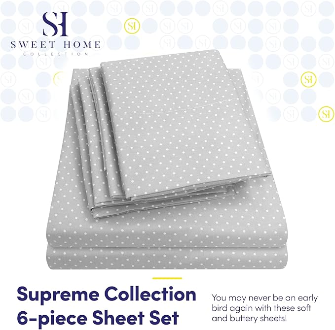 King Size Bed Sheets - 6 Piece 1500 Supreme Collection Fine Brushed Microfiber Deep Pocket King Sheet Set Bedding - 2 Extra Pillow Cases, Great Value, King, Dot Gray