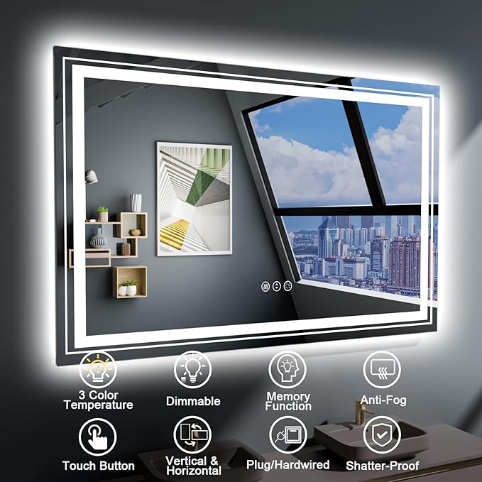 71x31 LED Bathroom Mirror with Front and Backlight, Dimmable Lighted Bathroom Vanity Mirror with Anti-Fog, Memory Function,Tempered Glass(Horizontal/Vertical)