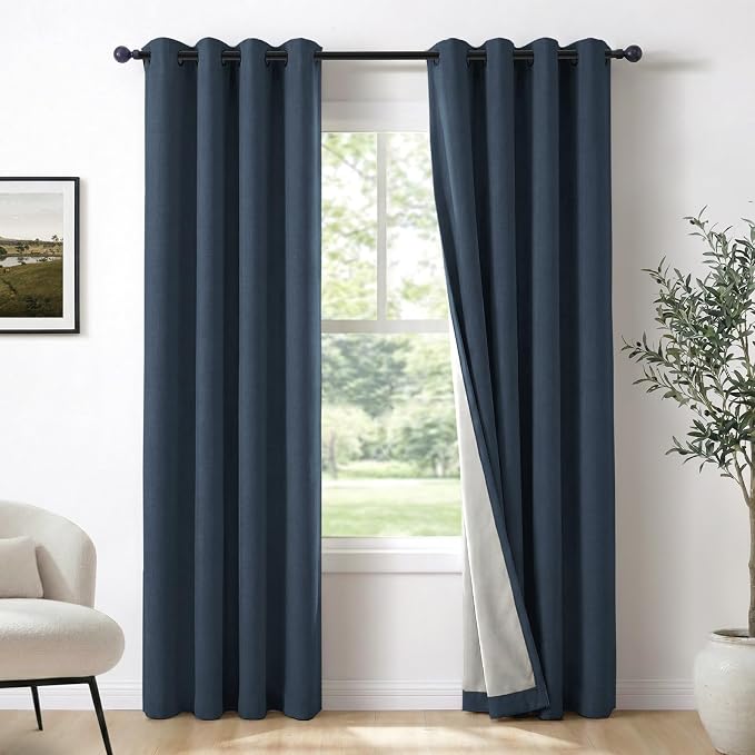 100% Blackout Linen Textured Curtains 72 Inch Long, Light Blocking, Thermal by 100BlackoutShield