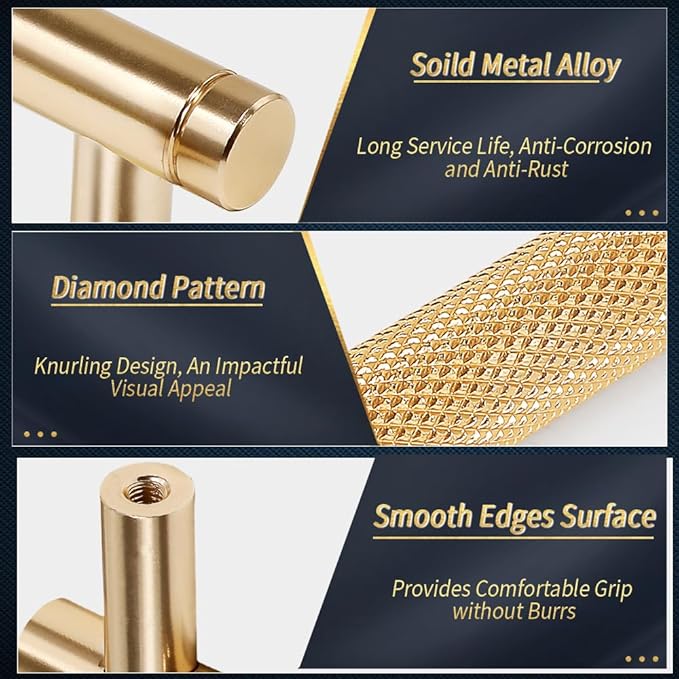 Knurled Cabinet Pulls 12 Pack, 4 Inch Long Cabinet Handles Metal Door Pulls, Kitchen Drawer Pull Knurled Dresser Handles - 3" Hole to Hole, Golden
